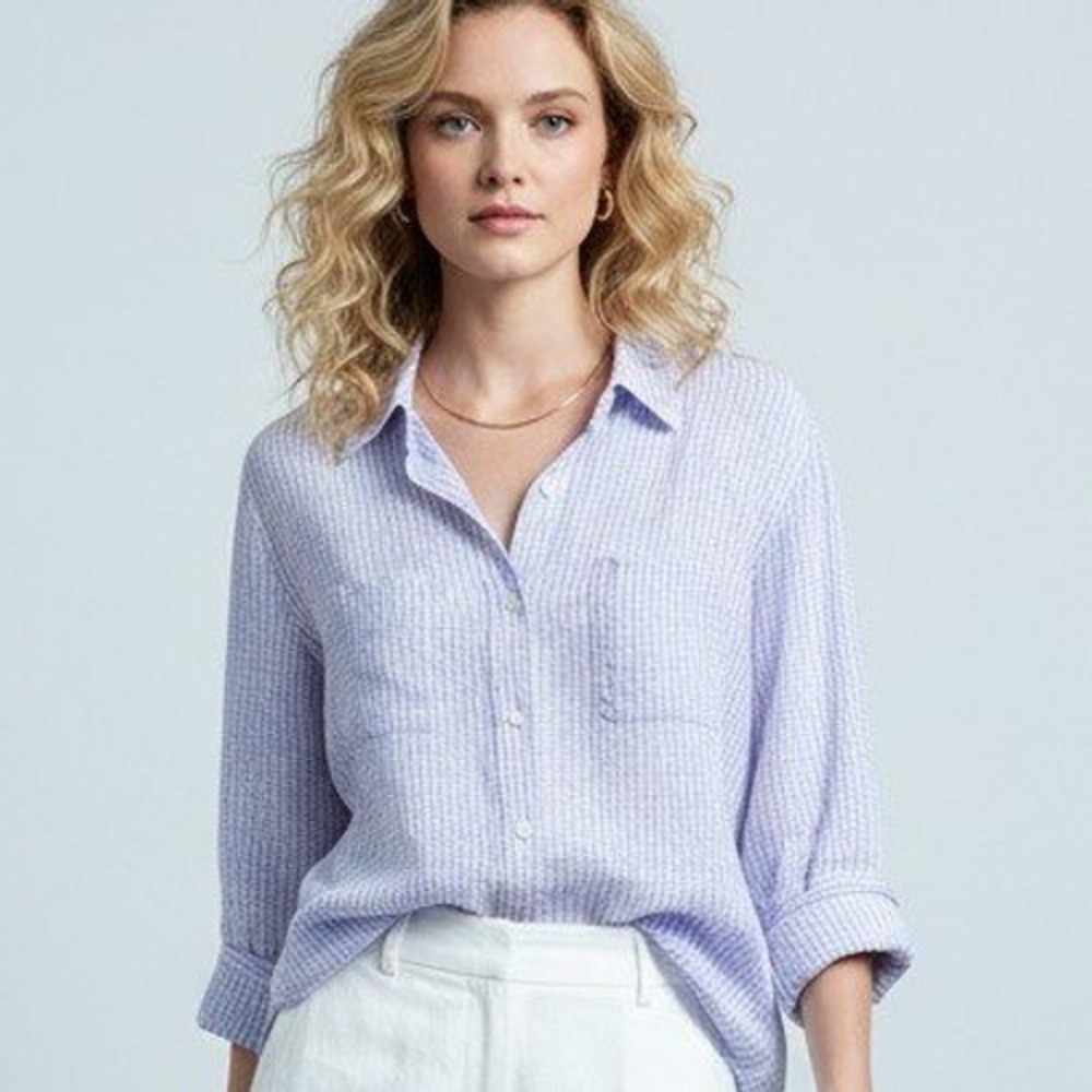 Lilly Pulitzer Sea View Linen Button Down Shirt Blue Purple Gingham M